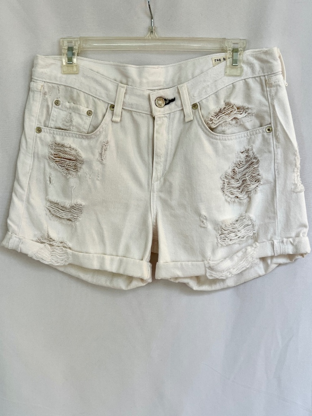 RAG & BONE JEANS Obispo Rebel Distressed Jean Shorts Cuffed White Denim Size 27